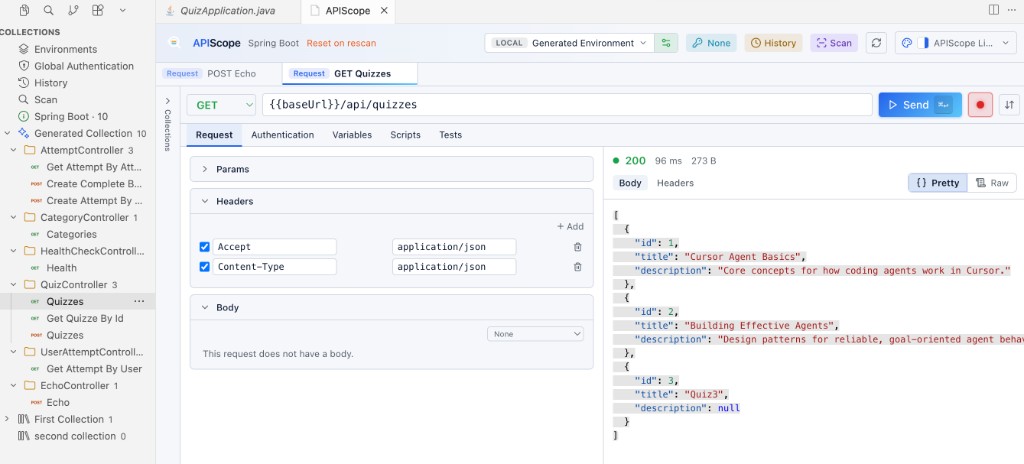 Collections sidebar — shortcuts, generated collection tree, and method badges